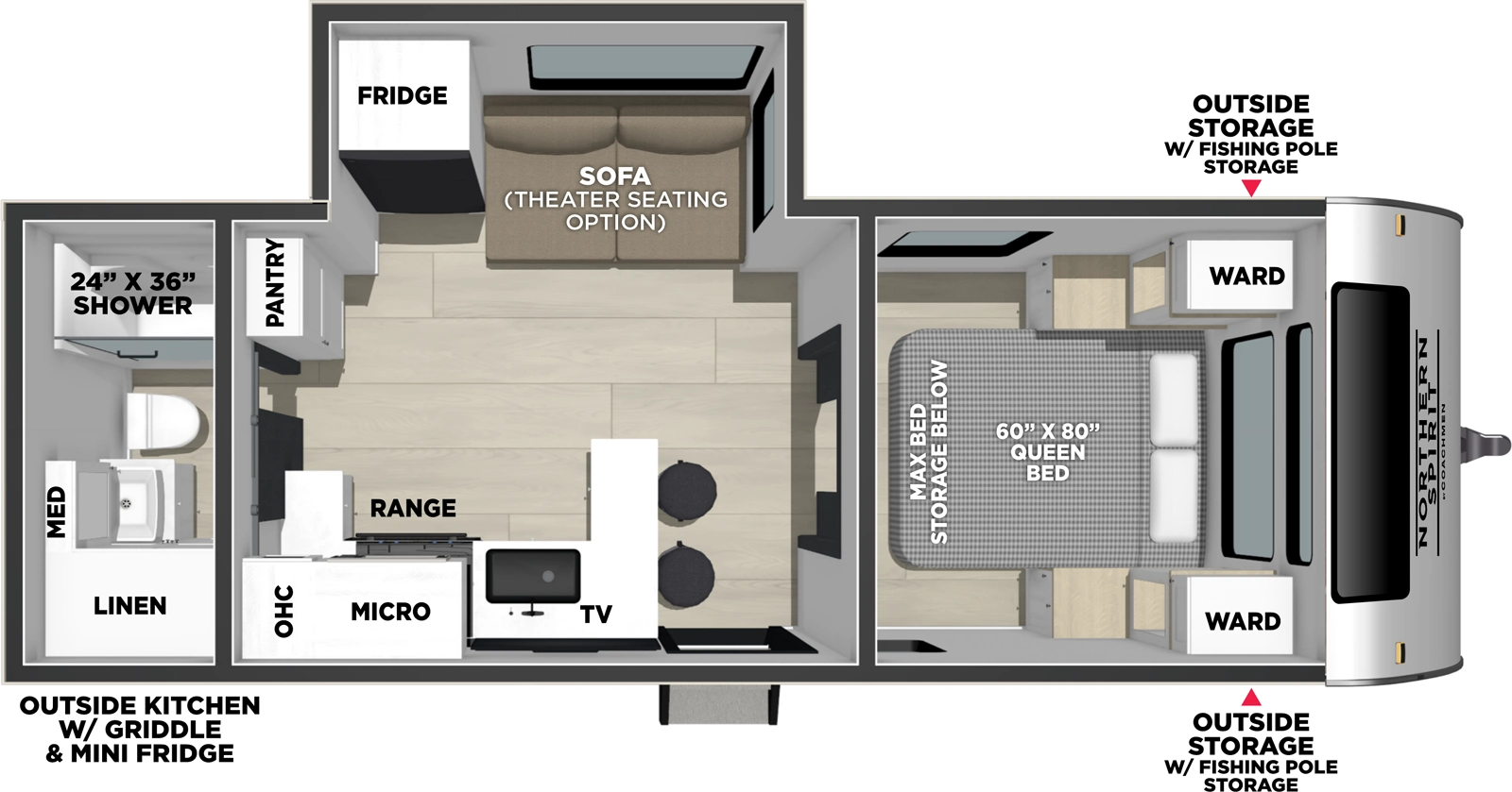 The Northern Spirit 2353RB floorplan has one entry and one slide out. Exterior features include: metal exterior, 16' awning and outside kitchen. Interiors features include: front bedroom and rear bathroom.